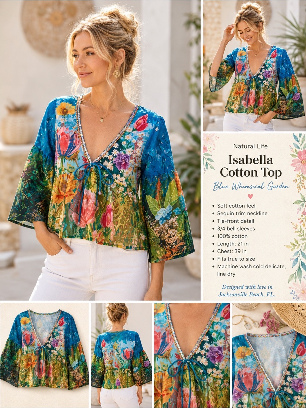 NATURAL LIFE Blue Multicolor Floral V-Neck Cotton Blouse